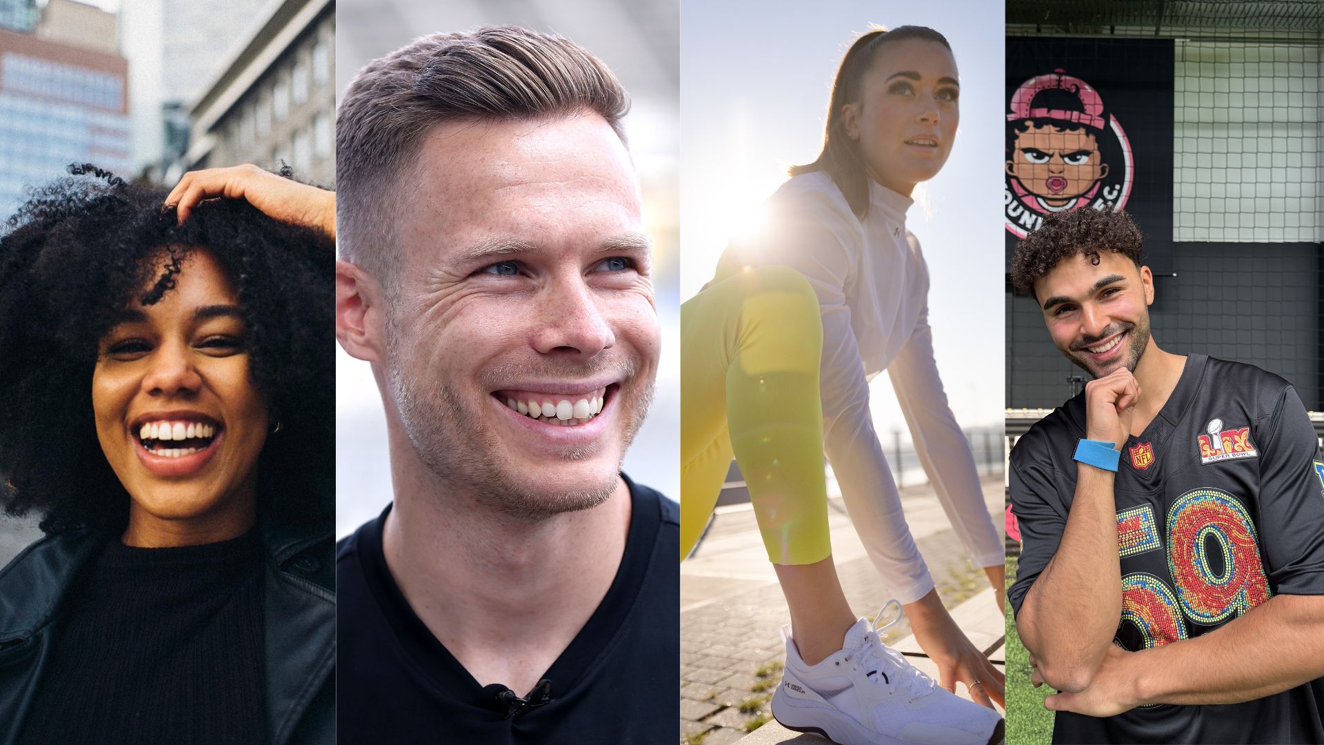 Alt-Text: Collage mit Porträts von vier Personen, die dem Kuratorium der DFL Stiftung angehören. Von links: Eine Frau mit lockigem Haar, ein Mann mit blondem Haar, eine Frau in Sportkleidung und ein Mann im Fußballtrikot.