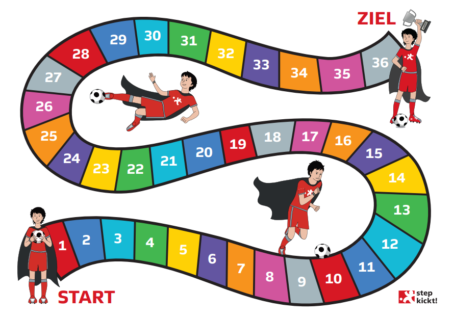 Ein buntes Bewegungsspiel-Brett mit Feldern von 1 bis 36. Auf dem Spielbrett sind Kinder mit Fußball und Umhang abgebildet, die verschiedene Bewegungen ausführen. Start und Ziel sind deutlich markiert.