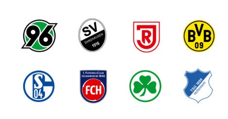 Logos der Fußballvereile Hannover 96, SV Sandhausen, 1. FC Kaiserslautern, Borussia Dortmund, FC Schalke 04, 1. FC Heidenheim und TSG Hoffenheim.