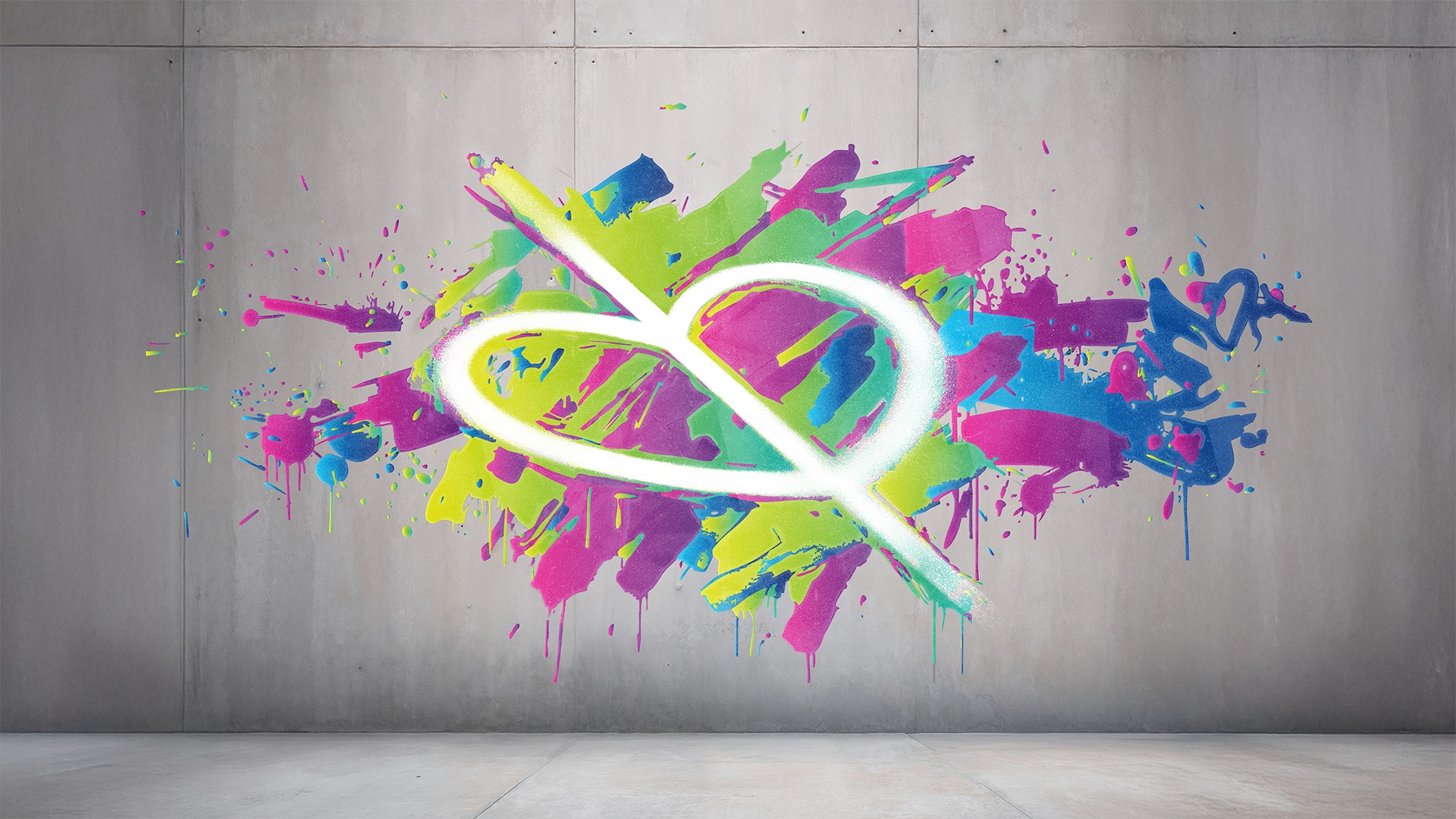Graffiti des Bundesliga-Stiftung-Herzens auf einer Betonwand, umgeben von bunten Farbspritzern.